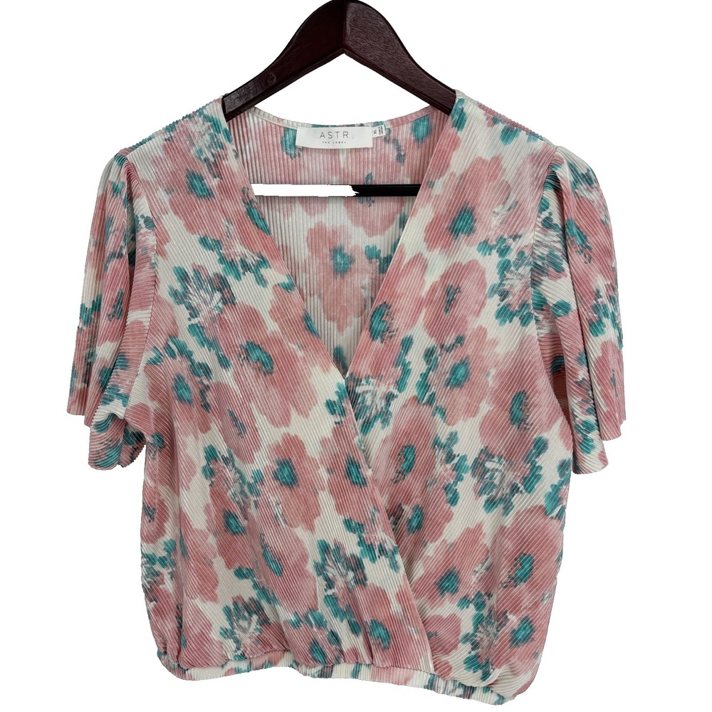 ASTR THE LABEL Wrap Top Cropped Pink Green Floral Print size XL Feminine